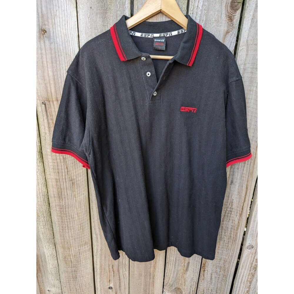 Vintage ESPN Polo Black Red XL Extra Large 90s Herringbone Weave